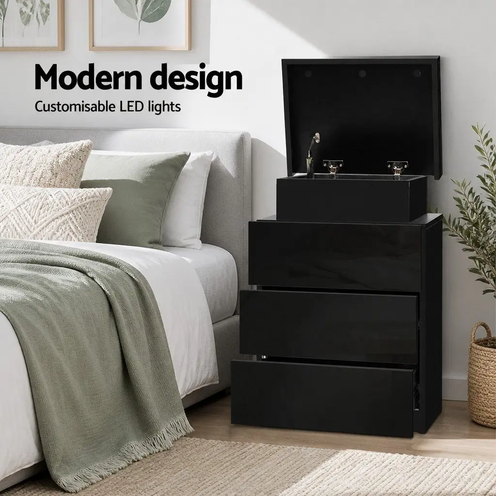 Bedside Table with LED Lighting 3 Drawers Storage Compartment Black