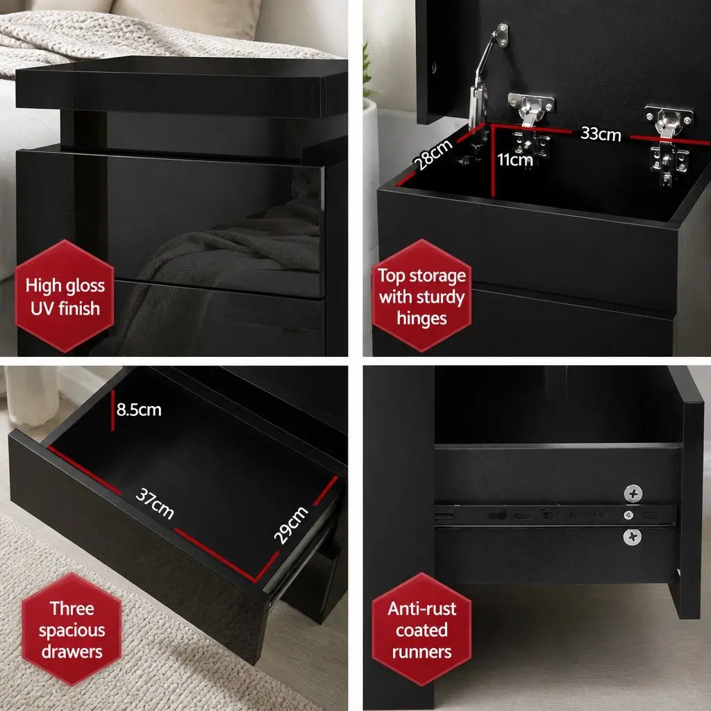 Bedside Table with LED Lighting 3 Drawers Storage Compartment Black