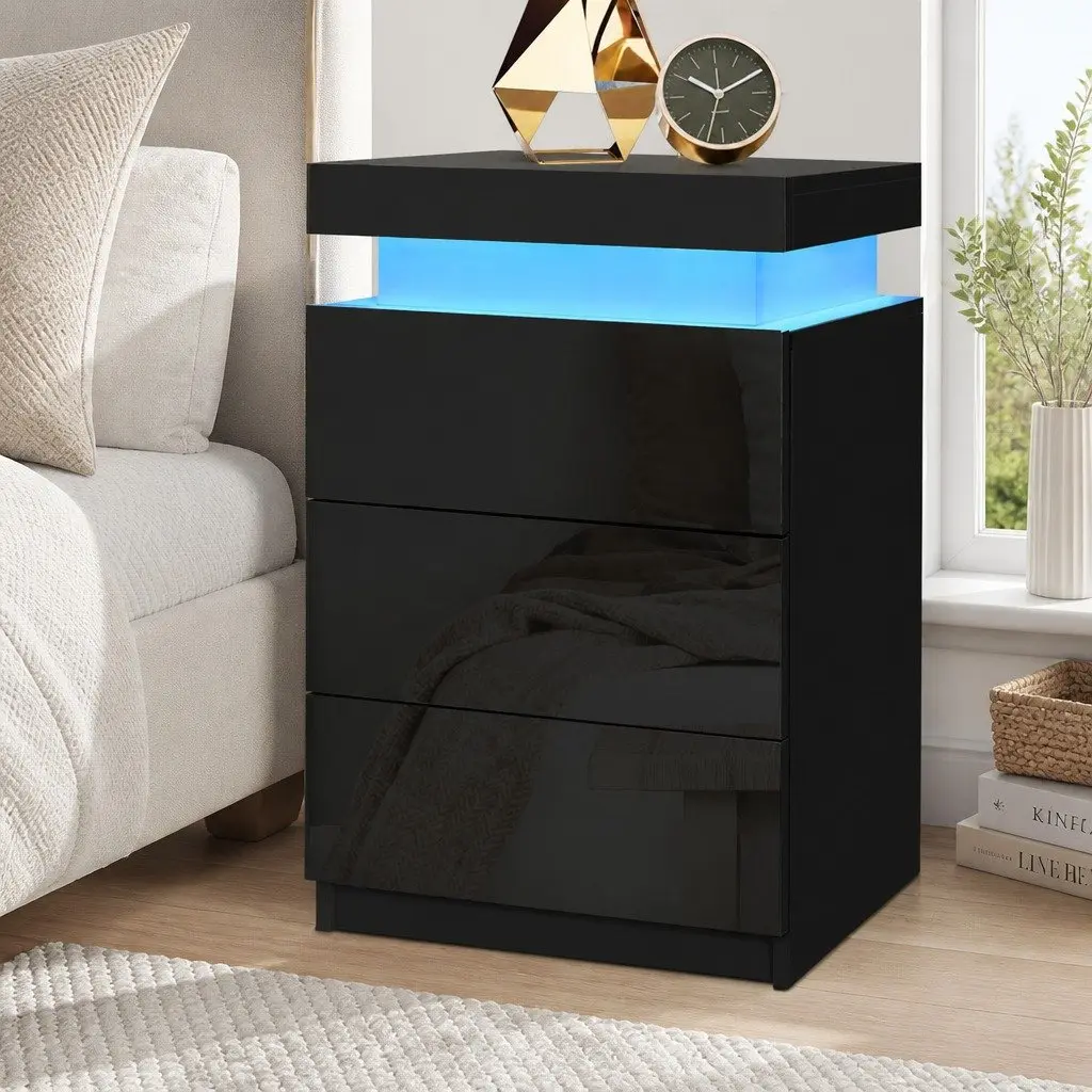 Bedside Table with LED Lighting 3 Drawers Storage Compartment Black
