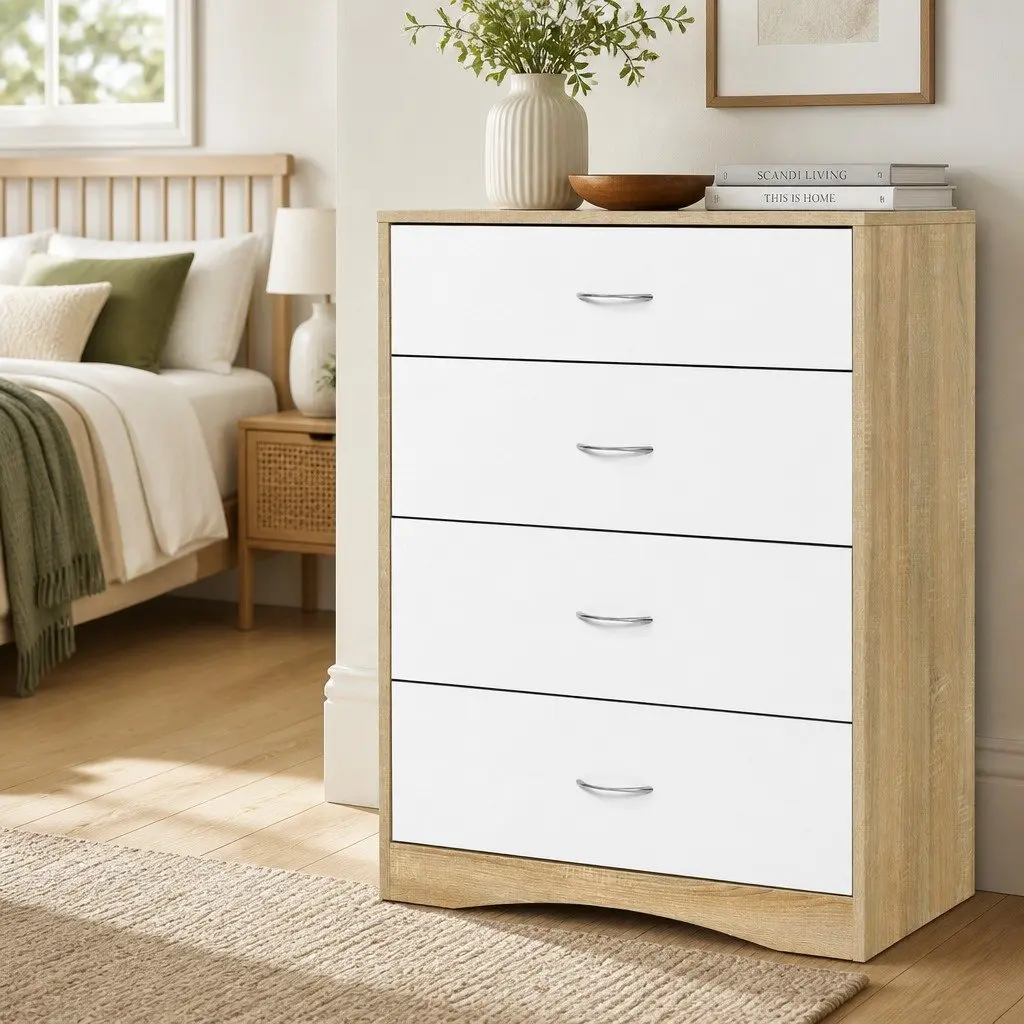 4 Drawer Tallboy Dresser Bedroom Storage Cabinet White Beige
