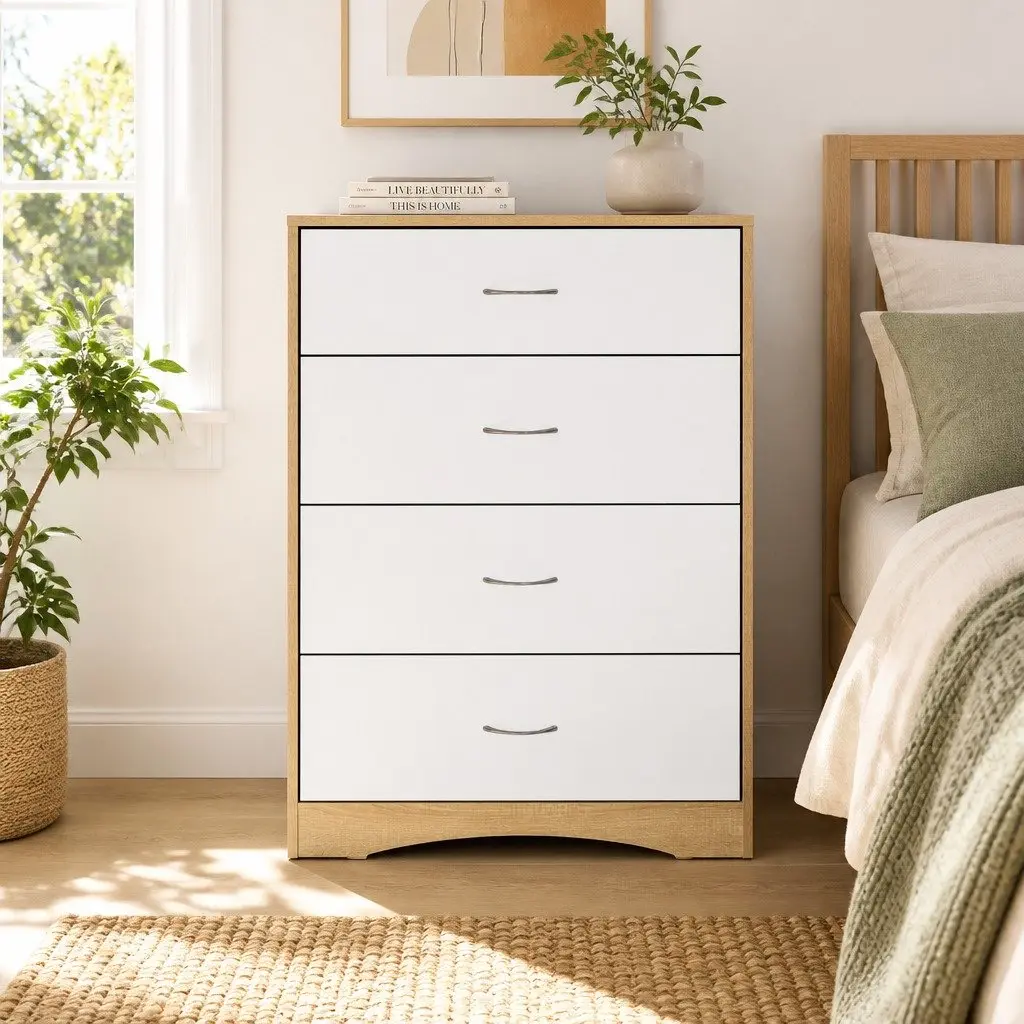4 Drawer Tallboy Dresser Bedroom Storage Cabinet White Beige