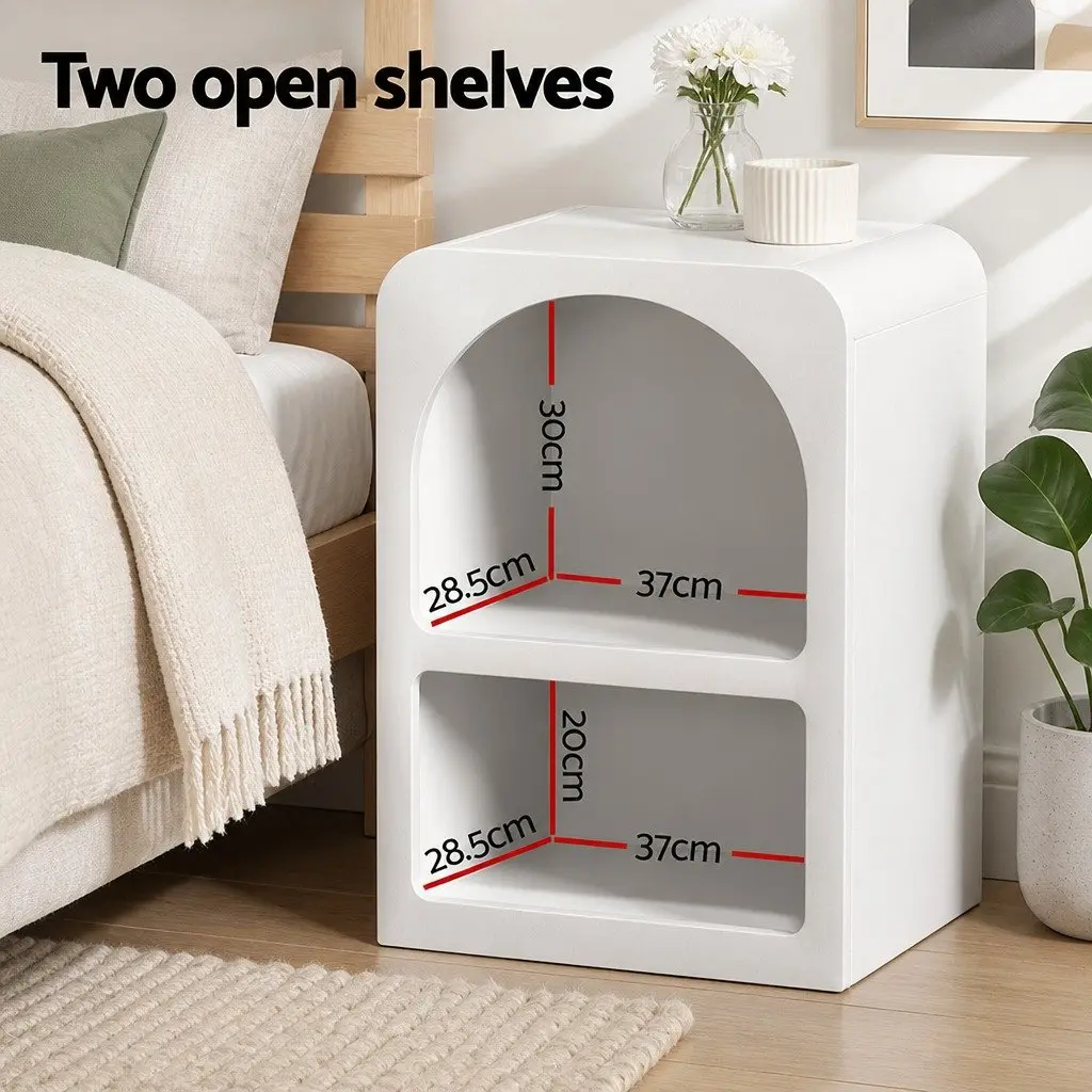Bedside Table with Shelves Side End Table Nightstand Storage White Arched Design