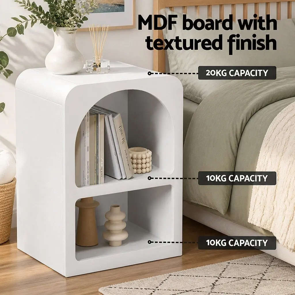 Bedside Table with Shelves Side End Table Nightstand Storage White Arched Design
