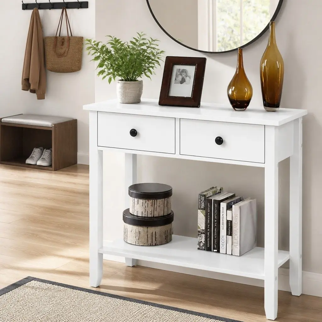 Console Table 2 Drawers 80cm White Hallway Entry Storage Display Furniture