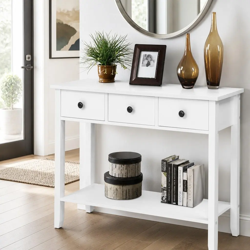 Console Table 100CM with 3 Drawers and White Finish