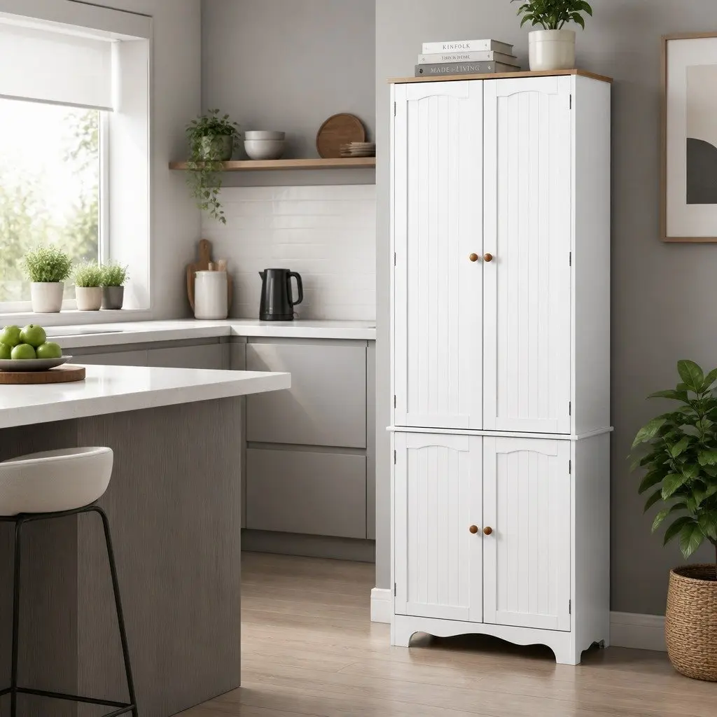4 Door White Tall Cupboard Storage Cabinet Kitchen Dining Room Sideboard