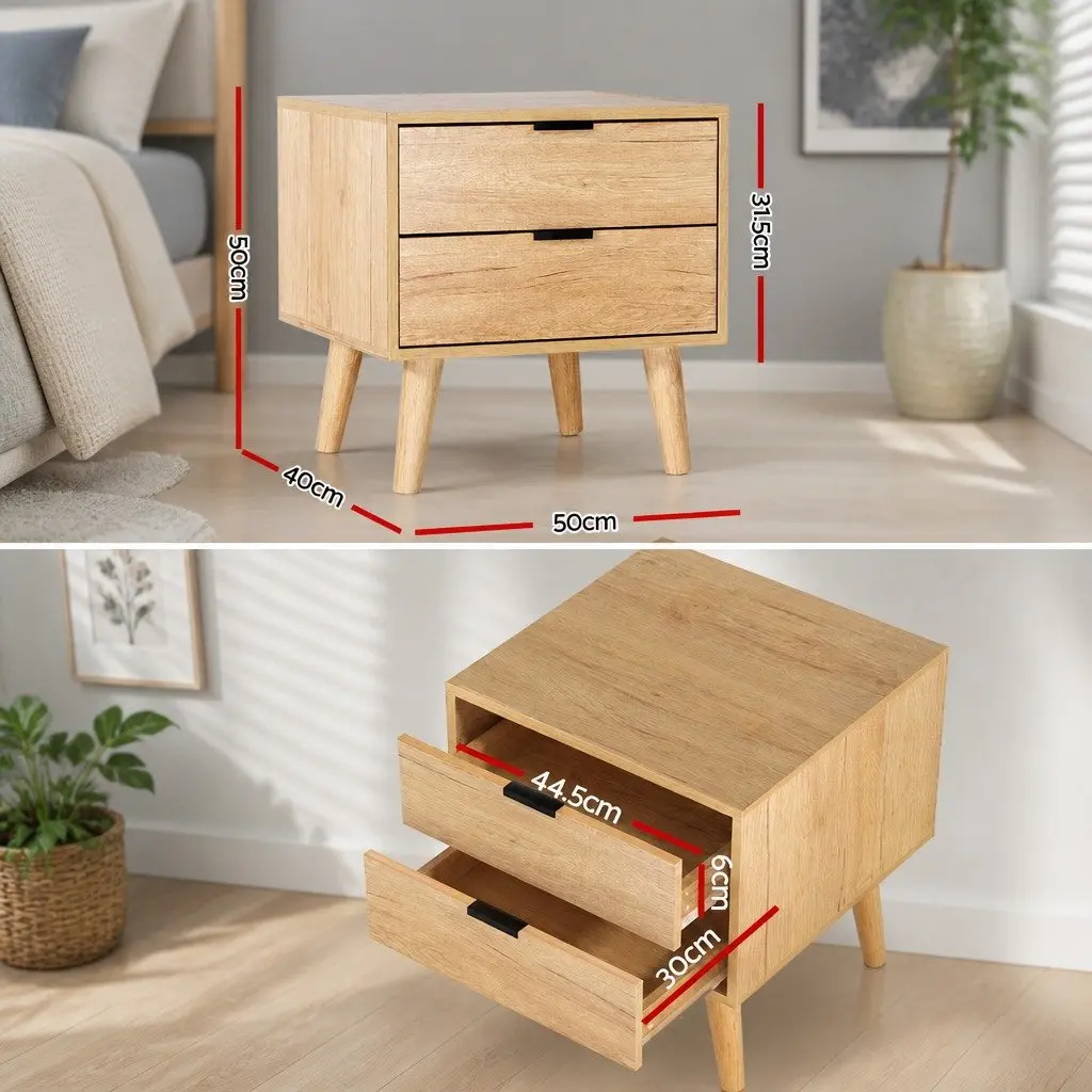 Bedside Table 2 Drawers Pine Wood Legs Storage Bedroom Nightstand Furniture