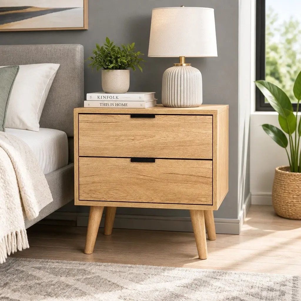 Bedside Table 2 Drawers Pine Wood Legs Storage Bedroom Nightstand Furniture