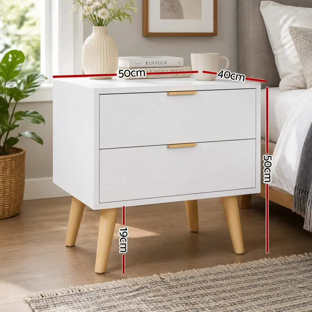 White Nightstand with Two Drawers and Pine Legs