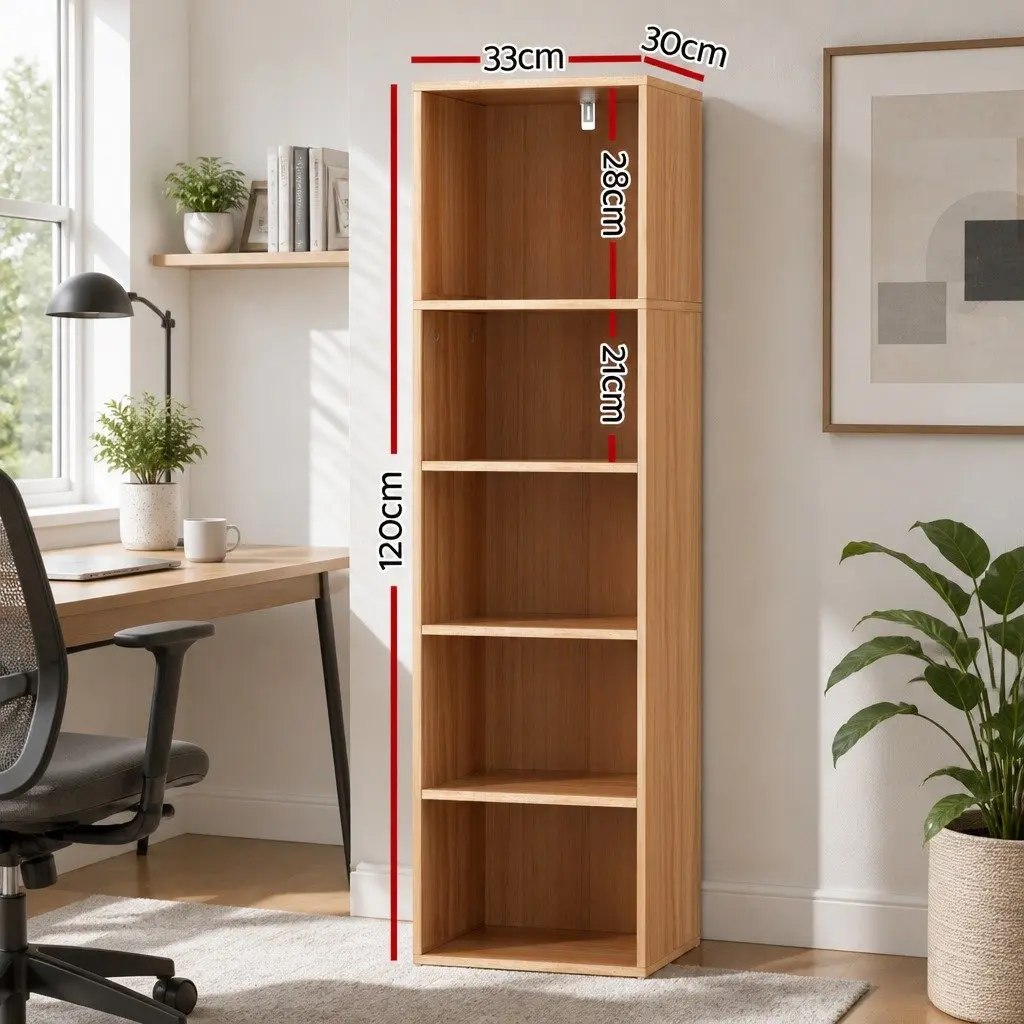 5-Tier Bookshelf Home Office Living Room Organizer 33cm W x 30cm D x 120cm H Pine Storage Display Shelves