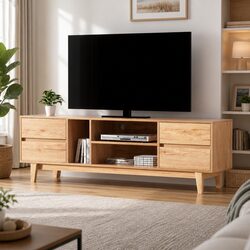 Functional Entertainment Unit - 180cm, Natural Wood Finish