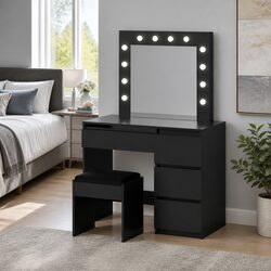 LED Dressing Table with Mirror Stool 12 Bulbs Hollywood Makeup Vanity Black