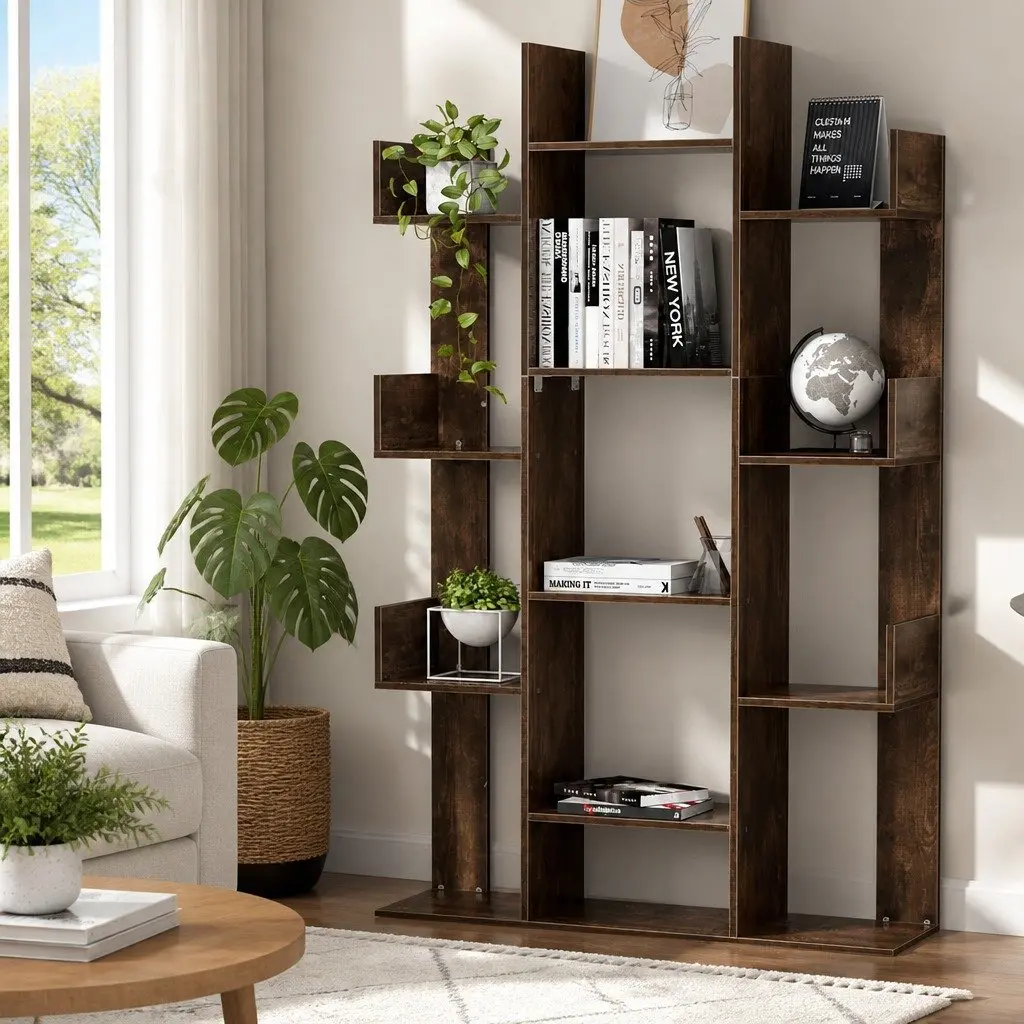 Tree-Shaped Bookshelf Walnut 13-Shelf Display Bookcase Storage Rack Living Room Home Office