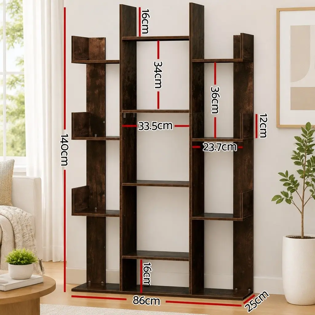 Tree-Shaped Bookshelf Walnut 13-Shelf Display Bookcase Storage Rack Living Room Home Office