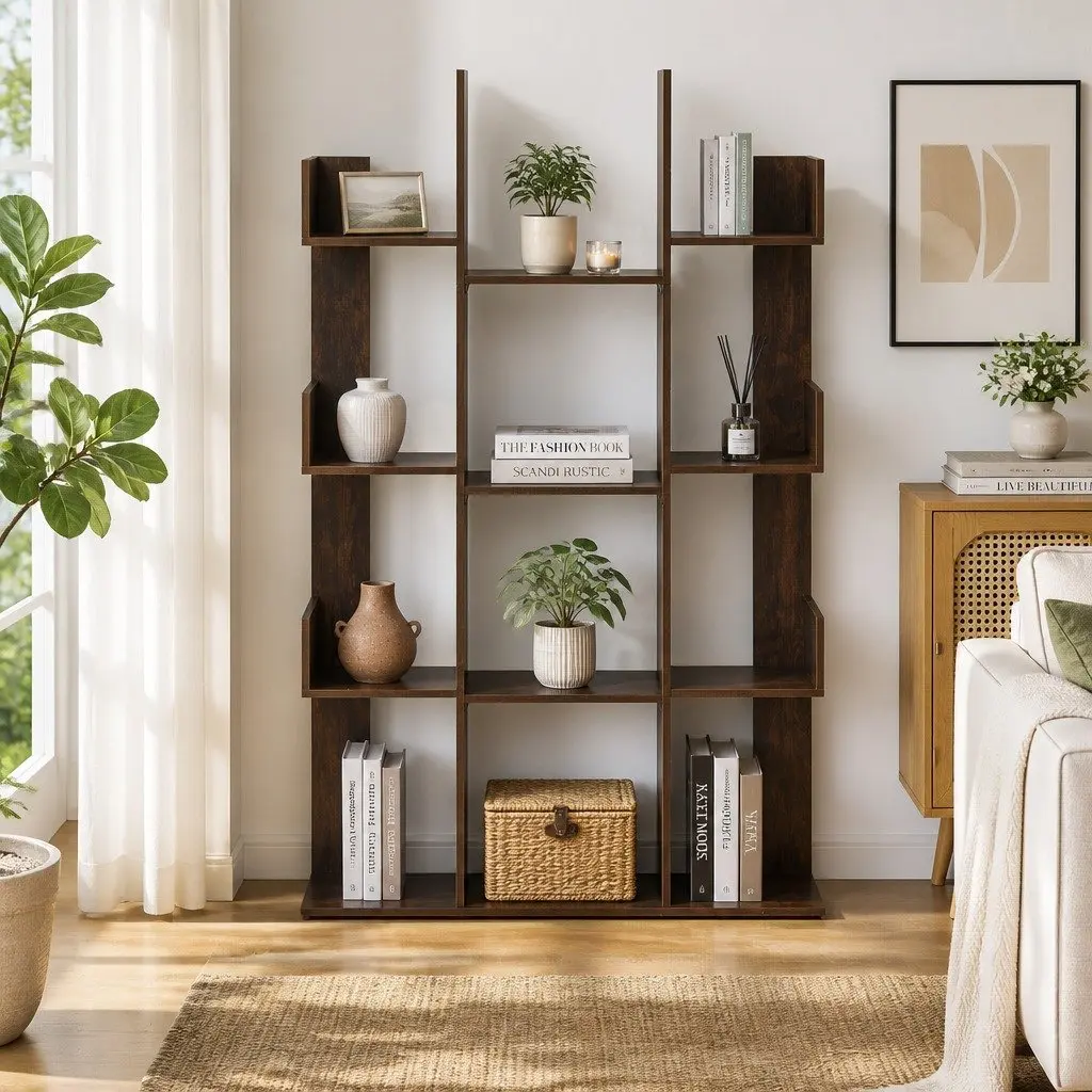Tree-Shaped Bookshelf Walnut 13-Shelf Display Bookcase Storage Rack Living Room Home Office