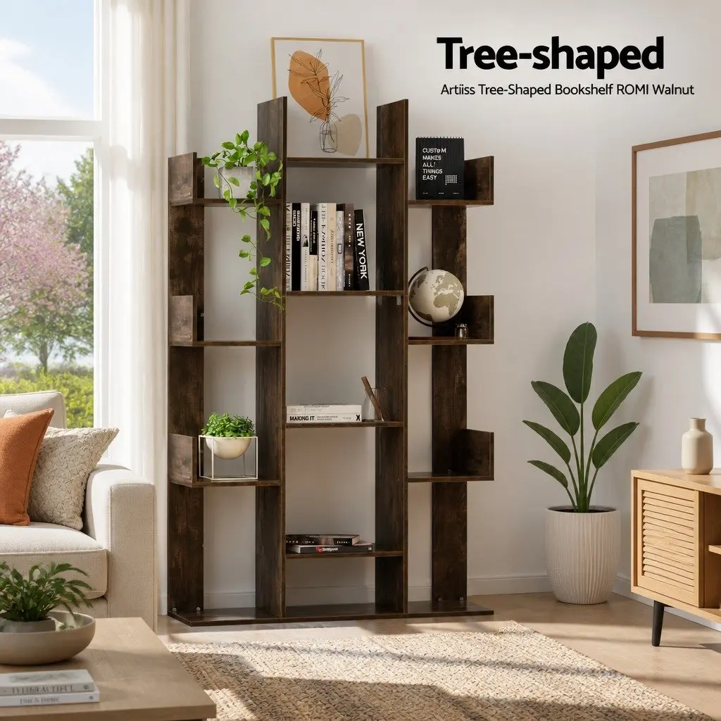 Tree-Shaped Bookshelf Walnut 13-Shelf Display Bookcase Storage Rack Living Room Home Office