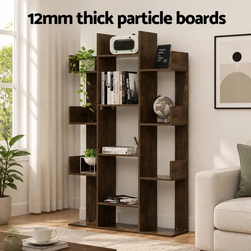 Tree-Shaped Bookshelf Walnut 13-Shelf Display Bookcase Storage Rack Living Room Home Office