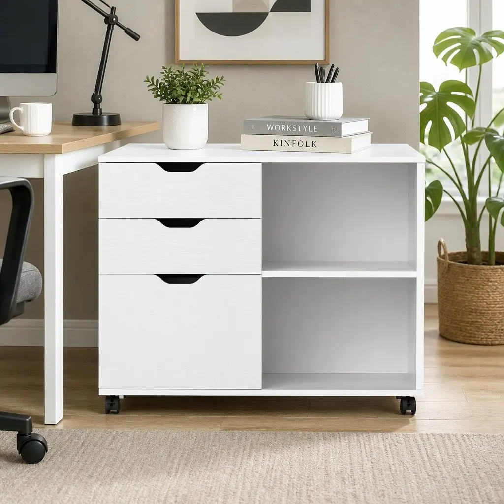 Mobile Filing Cabinet White Storage with Printer Stand and 3 Drawers for Home Office on Wheels