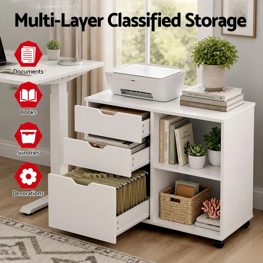 Mobile Filing Cabinet White Storage with Printer Stand and 3 Drawers for Home Office on Wheels