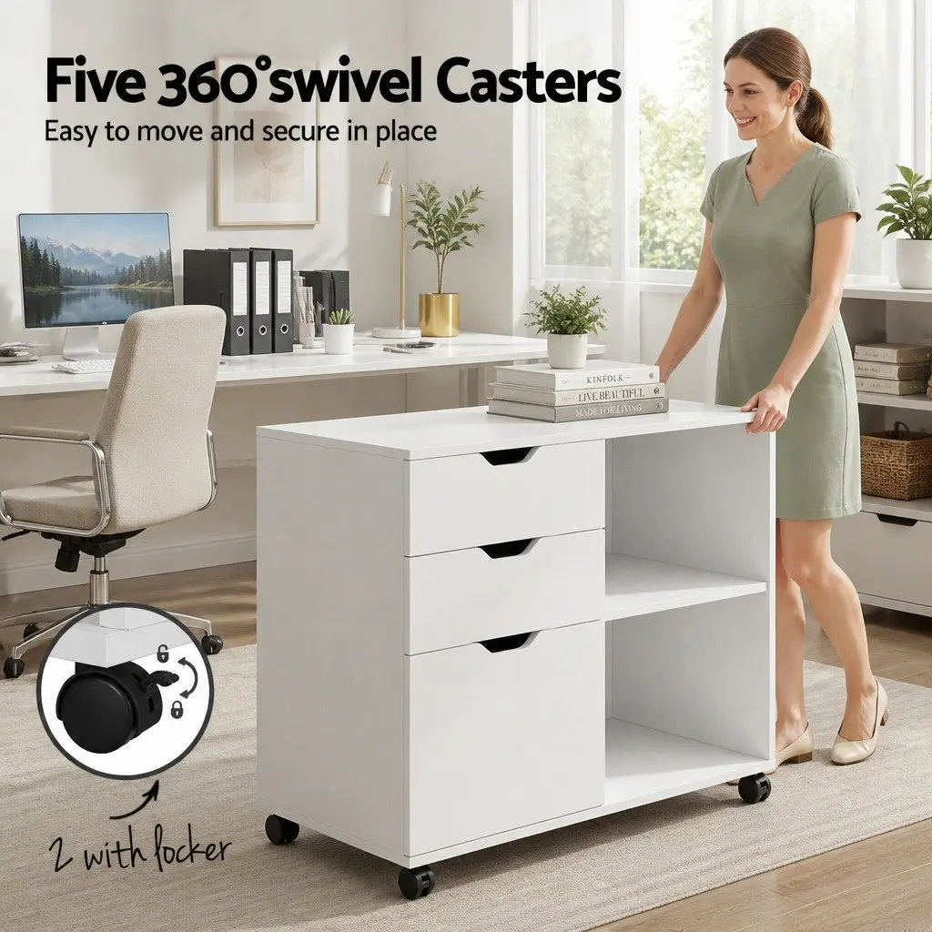 Mobile Filing Cabinet White Storage with Printer Stand and 3 Drawers for Home Office on Wheels