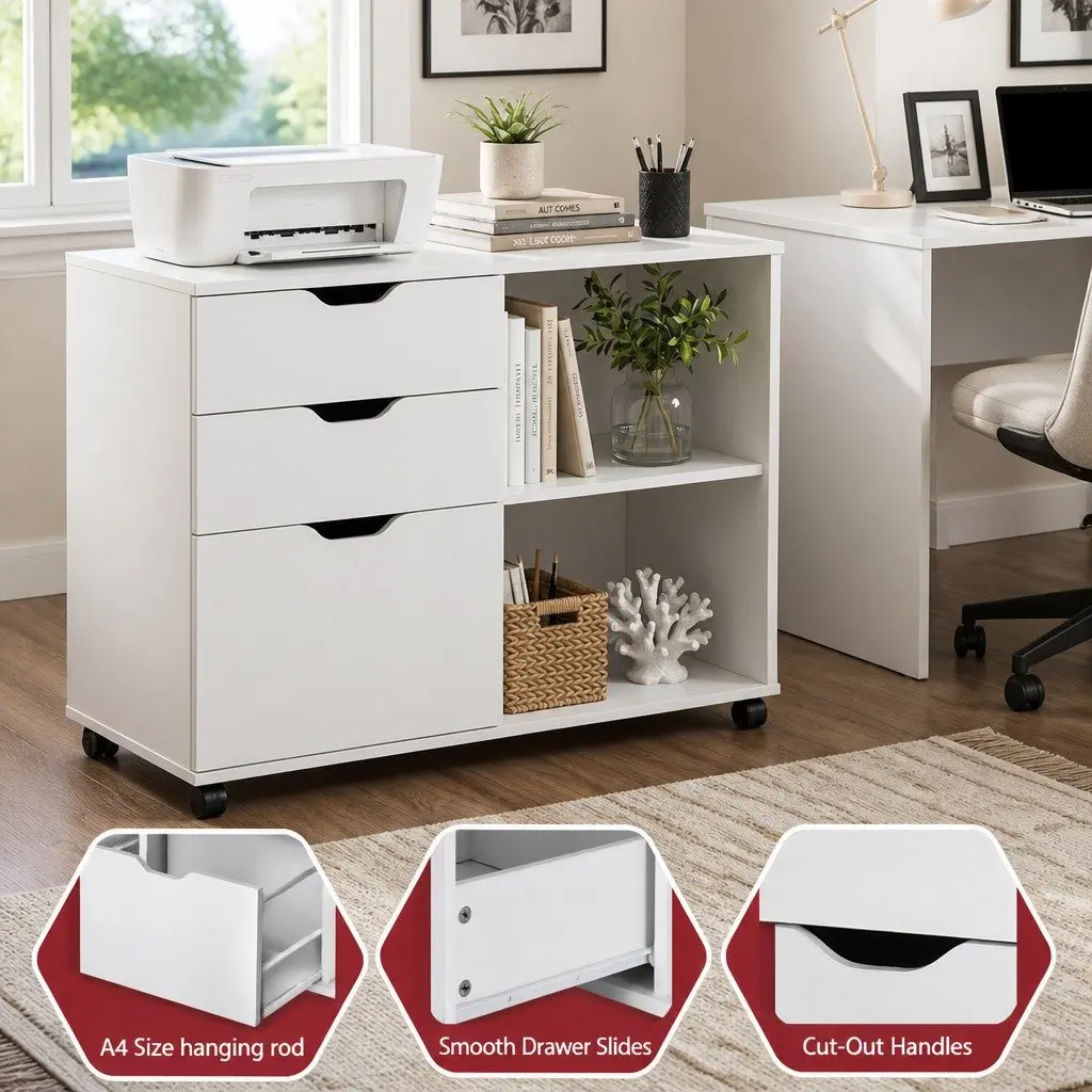 Mobile Filing Cabinet White Storage with Printer Stand and 3 Drawers for Home Office on Wheels