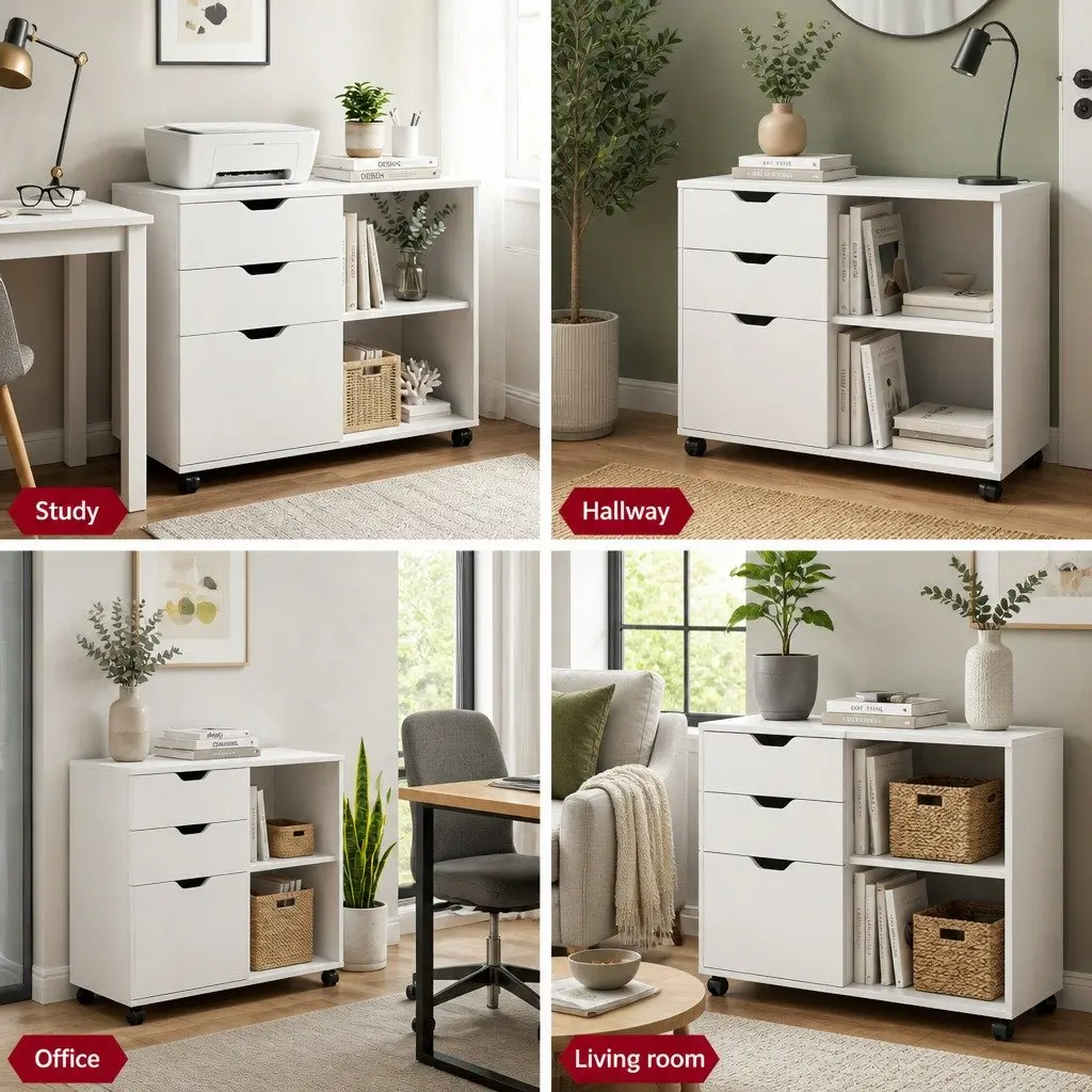 Mobile Filing Cabinet White Storage with Printer Stand and 3 Drawers for Home Office on Wheels