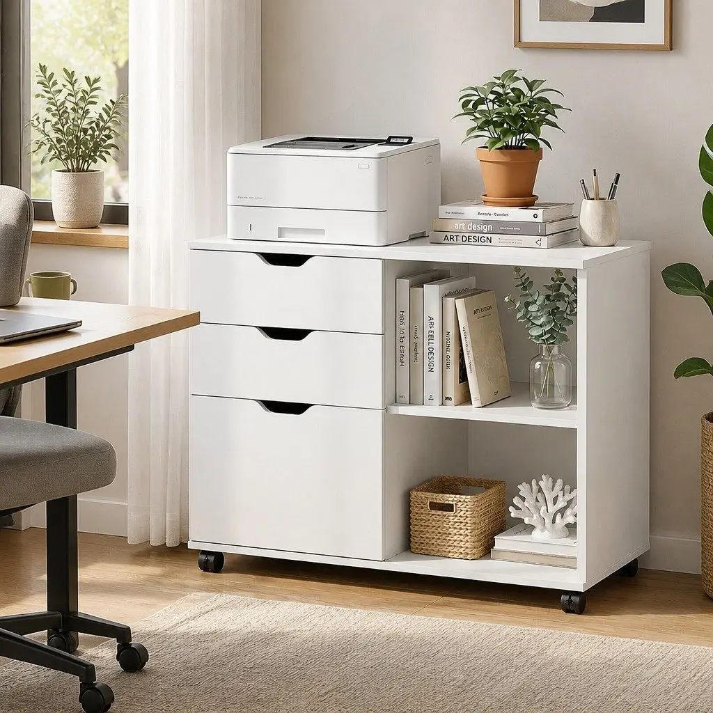 Mobile Filing Cabinet White Storage with Printer Stand and 3 Drawers for Home Office on Wheels
