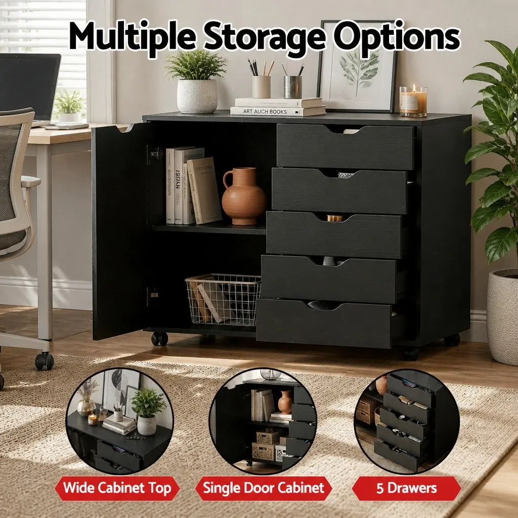 Mobile Filing Cabinet for Home Office 5 Drawer Black