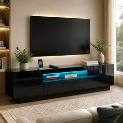 TV Entertainment Unit Storage Cabinet 180cm Black 2 Drawers RGB LED Lighting