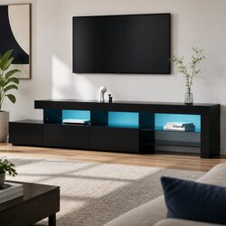 LED Entertainment Unit TV Cabinet 215cm Black Living Room Storage Glass Shelves
