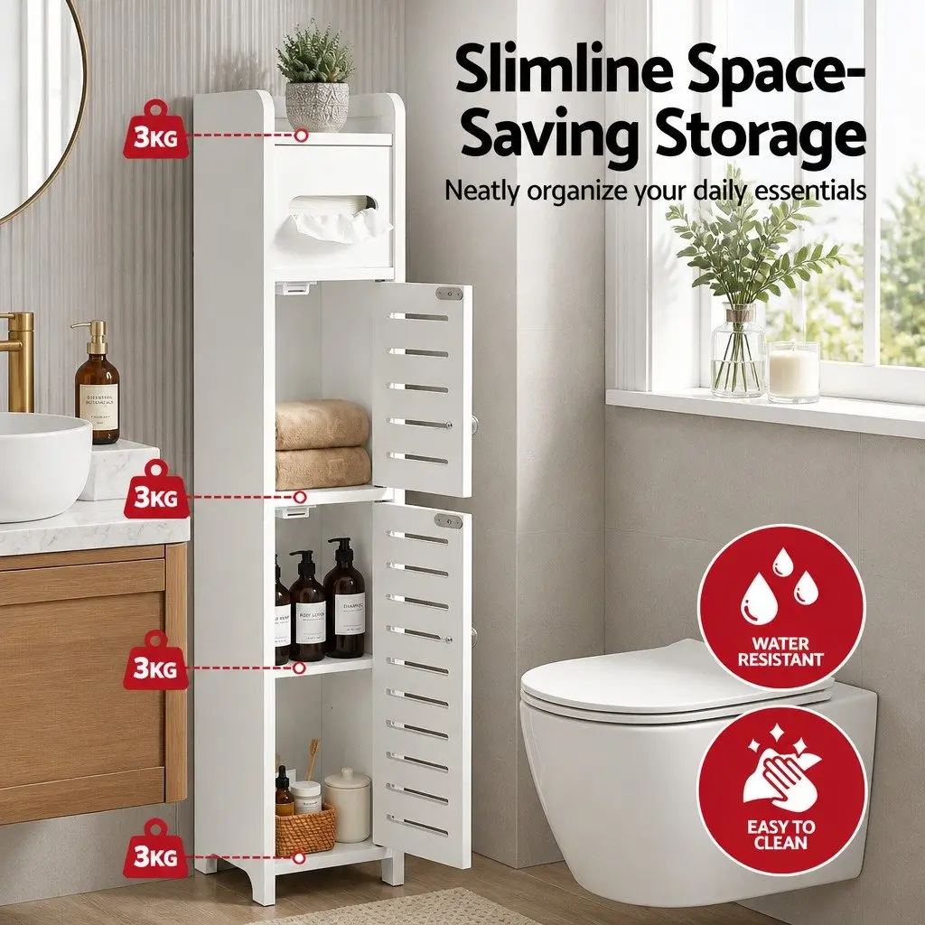 Bathroom Storage Cabinet Slim 3-Tier Organizer White