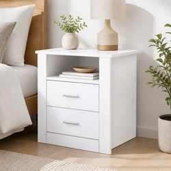 Bedside Table with 2 Drawers Open Shelf White Modern Bedroom Nightstand Storage