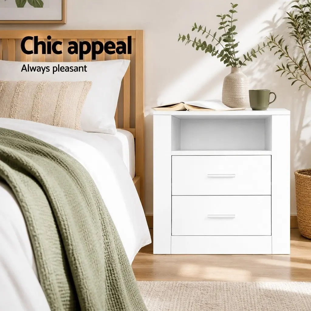 Bedside Table with 2 Drawers Open Shelf White Modern Bedroom Nightstand Storage