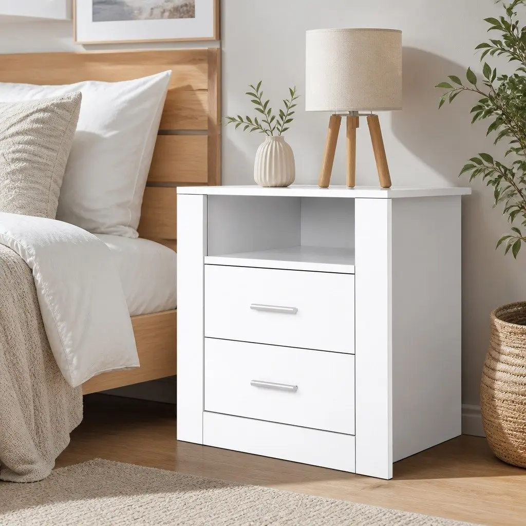 Bedside Table with 2 Drawers Open Shelf White Modern Bedroom Nightstand Storage
