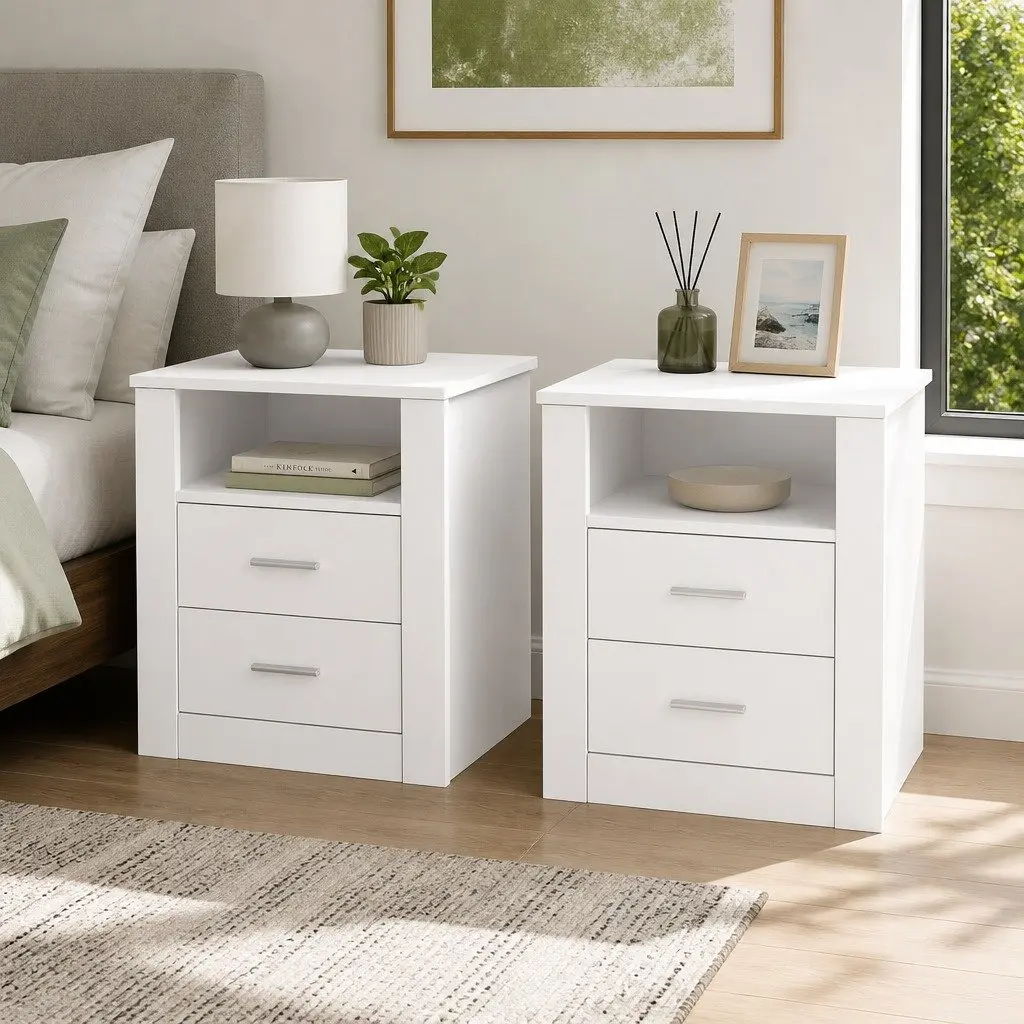 White Bedside Table with 2 Drawers