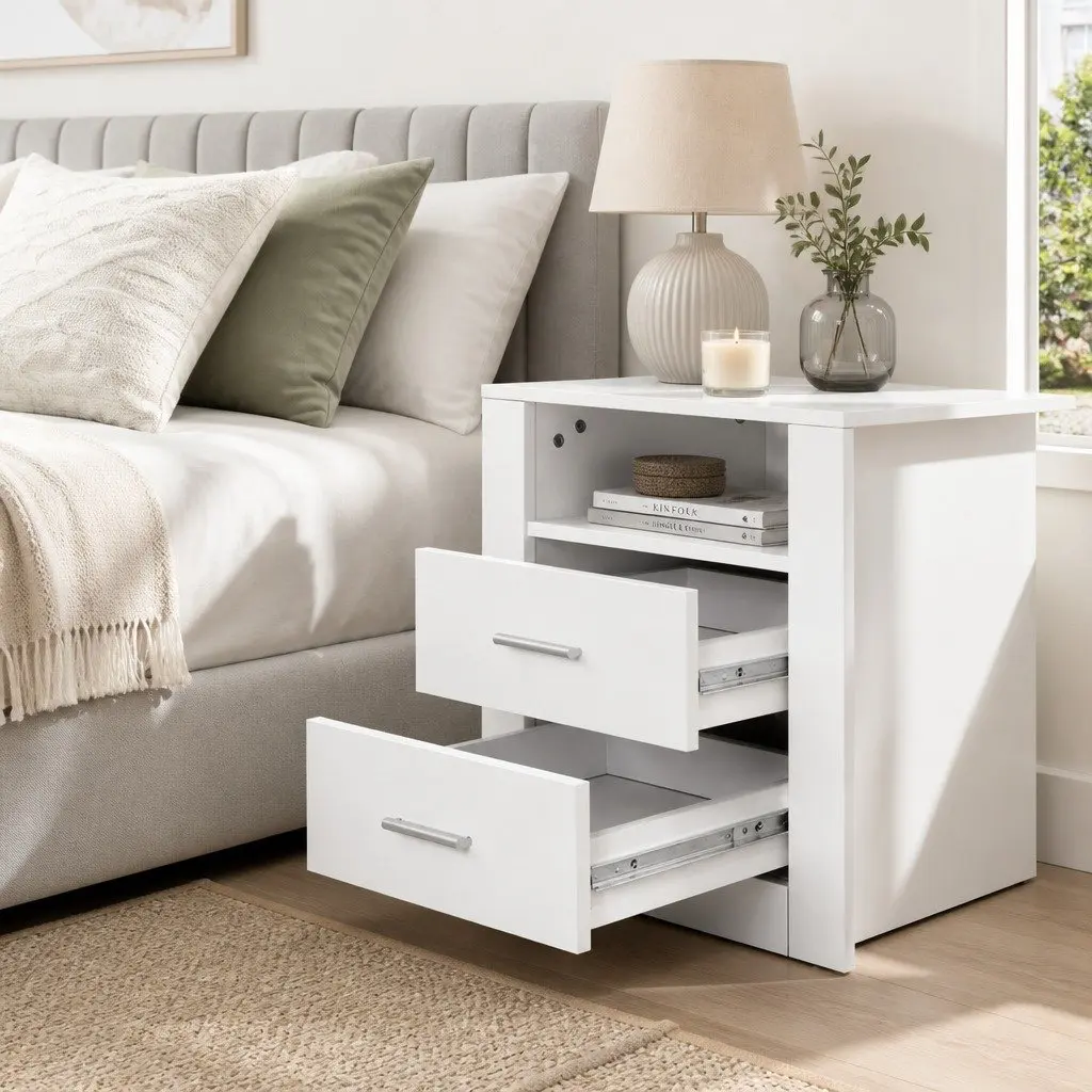 White Bedside Table with 2 Drawers