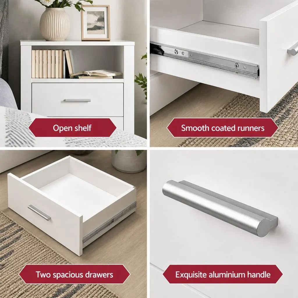 White Bedside Table with 2 Drawers