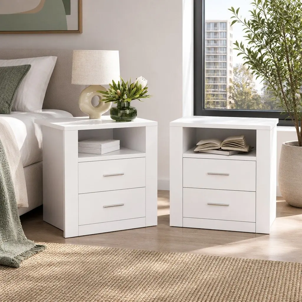 White Bedside Table with 2 Drawers