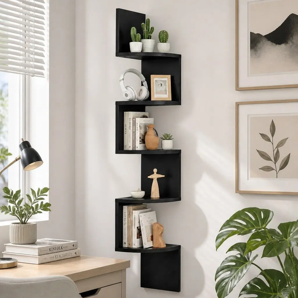 Wall Shelf Corner Floating 5-Tier Bookcase Storage Living Room Bedroom Kitchen