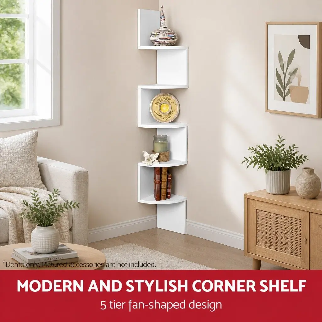 Wall Corner Floating Shelf 5-Tier White Storage Display for Living Room Bedroom Kitchen 19.3 x 19.3 x 123cm