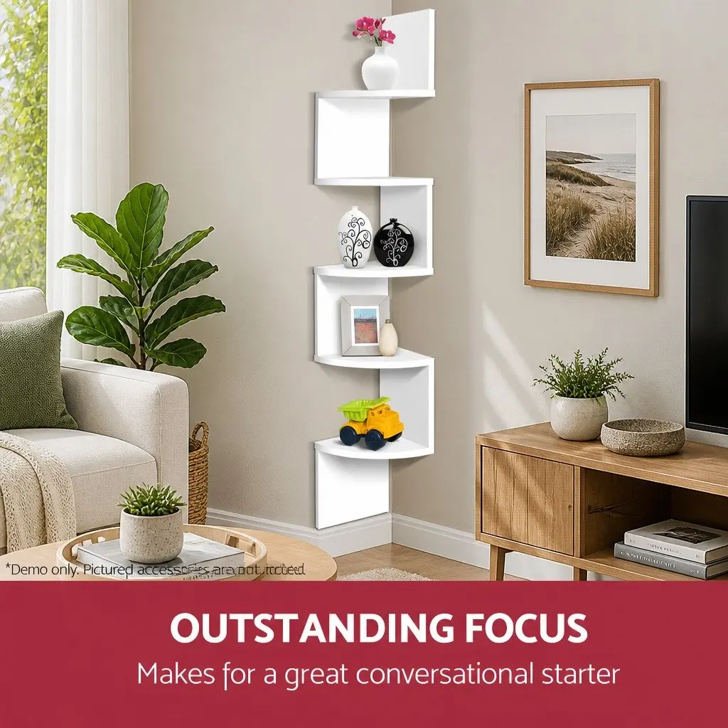 Wall Corner Floating Shelf 5-Tier White Storage Display for Living Room Bedroom Kitchen 19.3 x 19.3 x 123cm