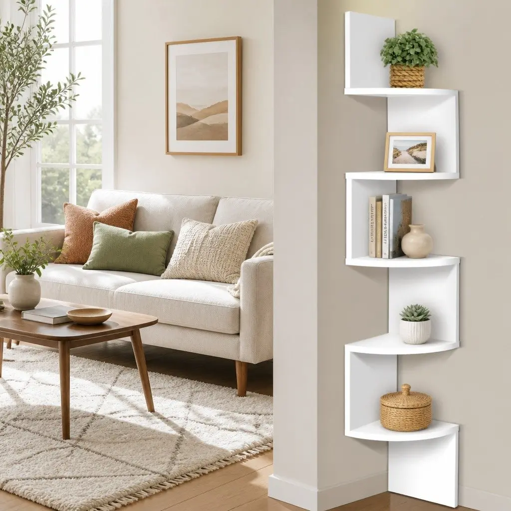 Wall Corner Floating Shelf 5-Tier White Storage Display for Living Room Bedroom Kitchen 19.3 x 19.3 x 123cm
