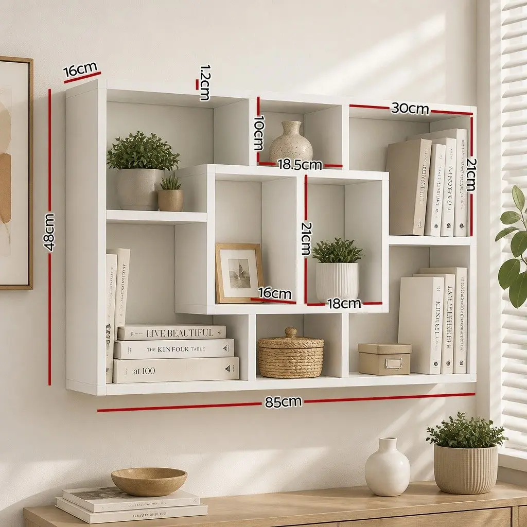 Floating Wall Shelf White Bookcase Display Unit 8 Compartments Living Room