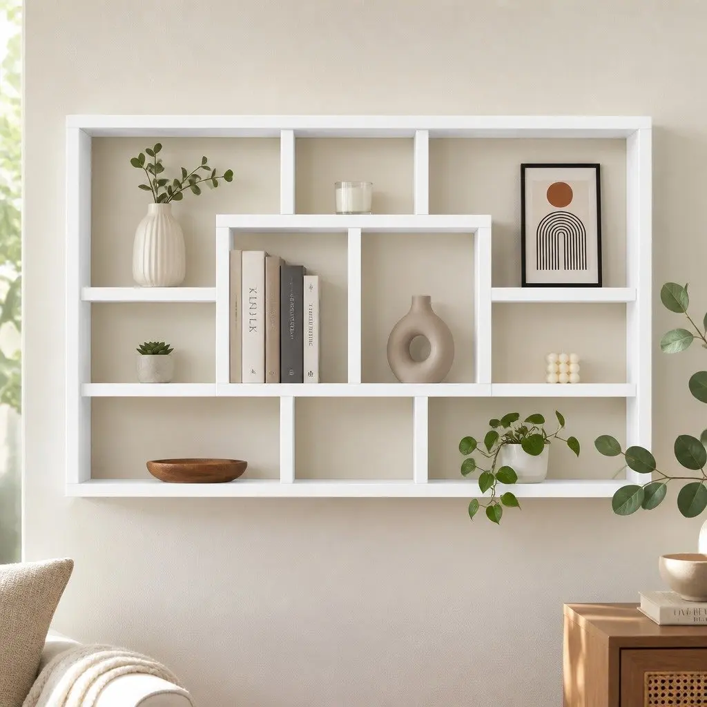 Floating Wall Shelf White Bookcase Display Unit 8 Compartments Living Room