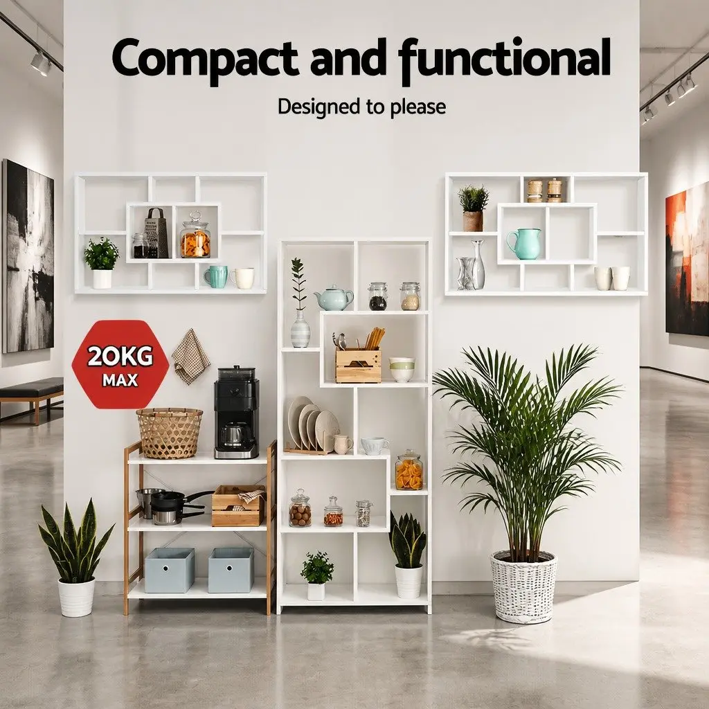 Floating Wall Shelf White Bookcase Display Unit 8 Compartments Living Room