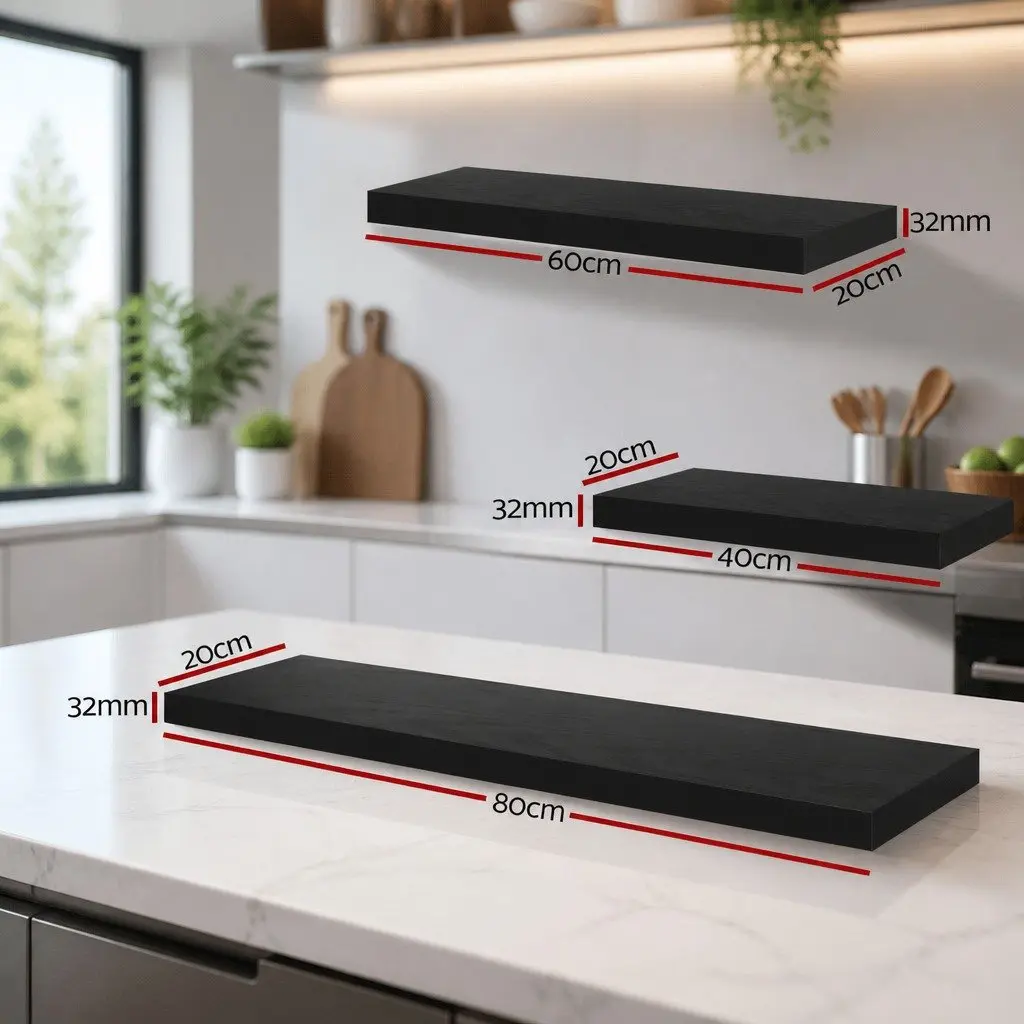 Floating Wall Shelf Set 3 Piece Black Display Storage Home Office 20cm Width 40cm 60cm 80cm Lengths