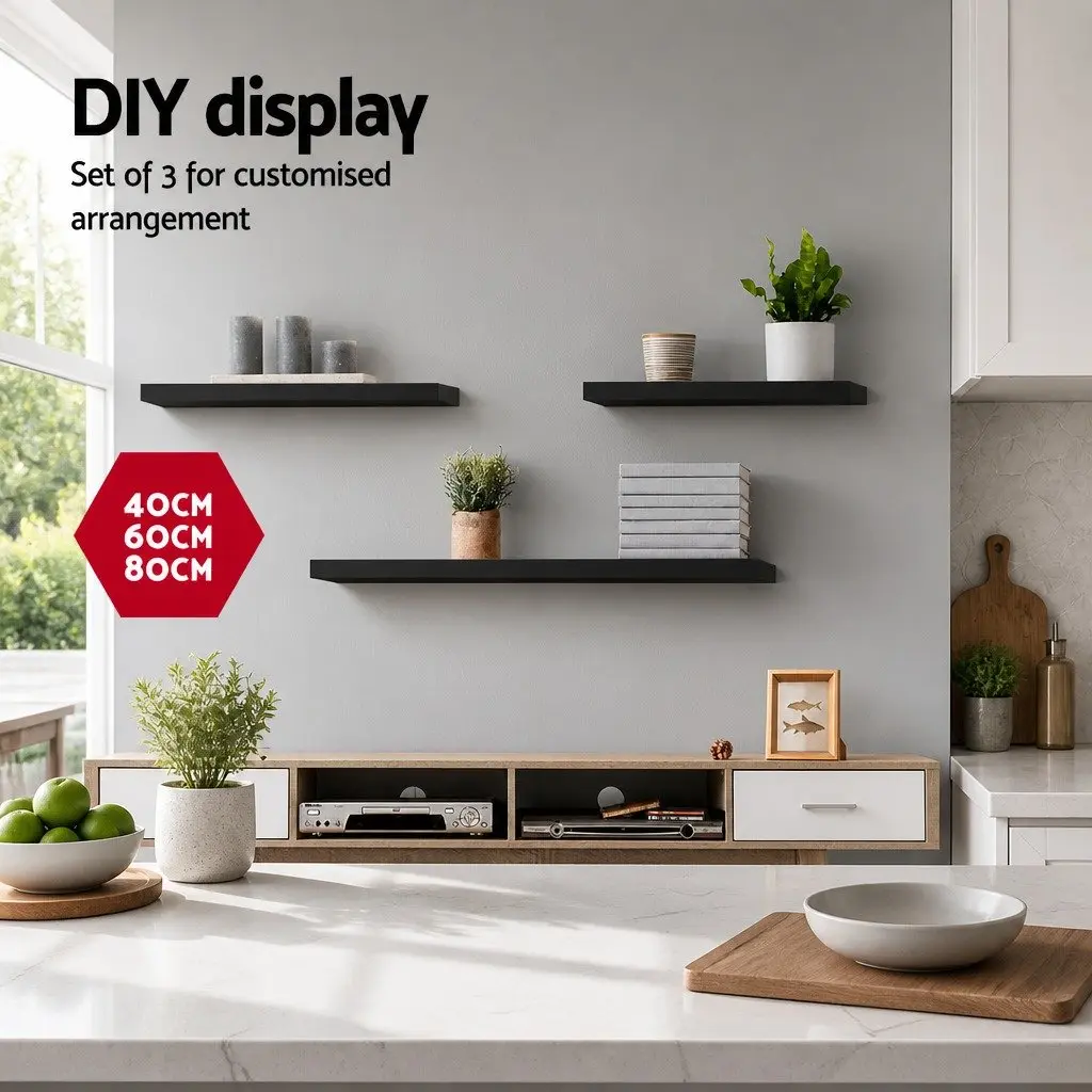 Floating Wall Shelf Set 3 Piece Black Display Storage Home Office 20cm Width 40cm 60cm 80cm Lengths