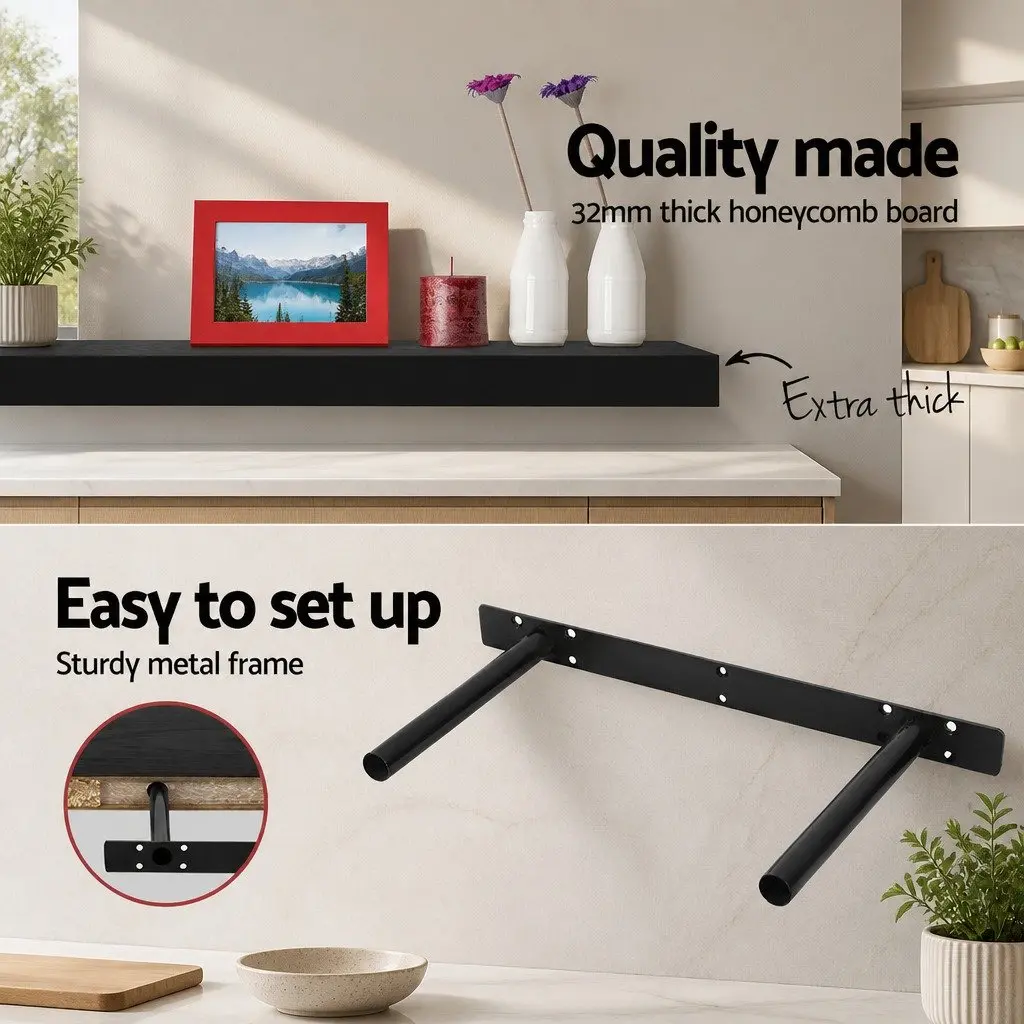 Floating Wall Shelf Set 3 Piece Black Display Storage Home Office 20cm Width 40cm 60cm 80cm Lengths
