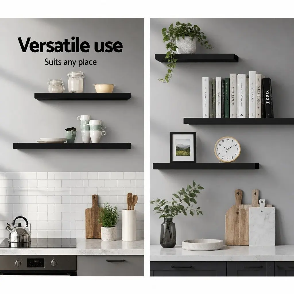 Floating Wall Shelf Set 3 Piece Black Display Storage Home Office 20cm Width 40cm 60cm 80cm Lengths