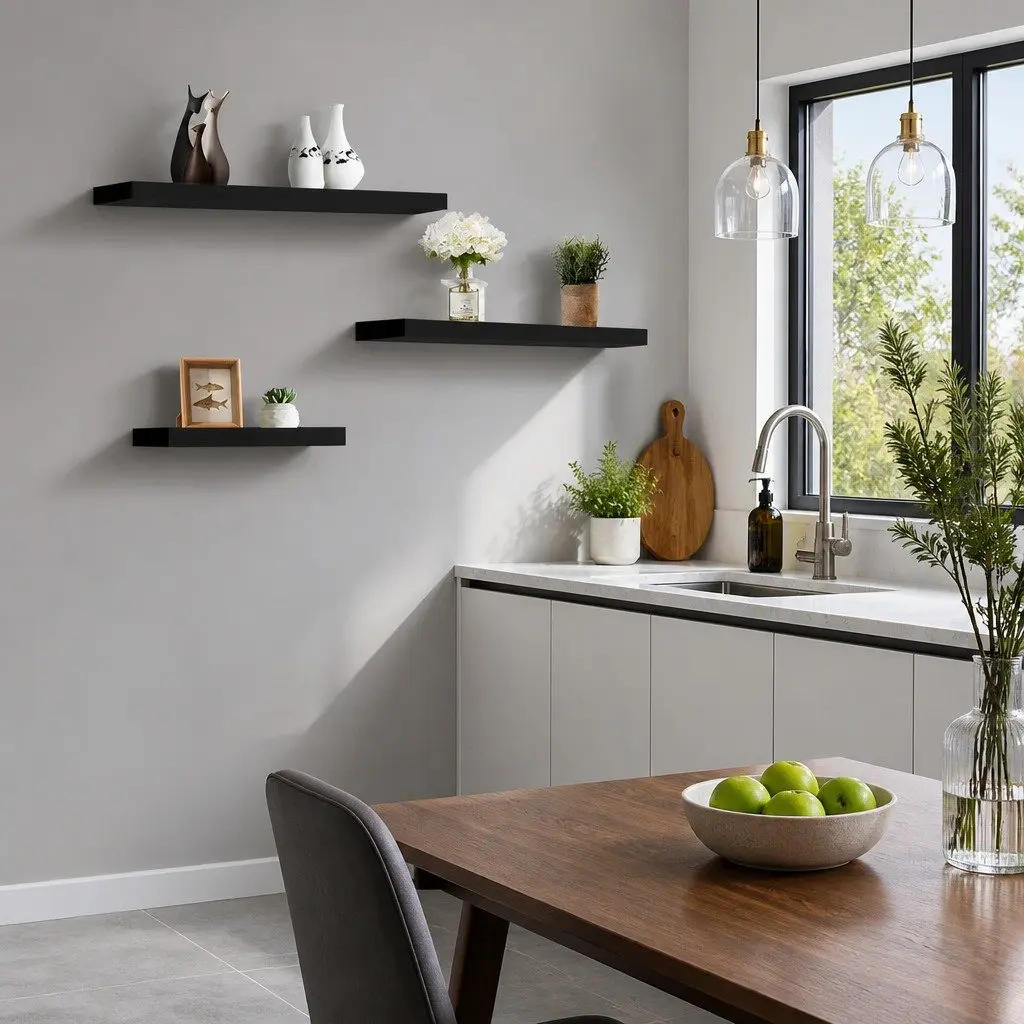Floating Wall Shelf Set 3 Piece Black Display Storage Home Office 20cm Width 40cm 60cm 80cm Lengths